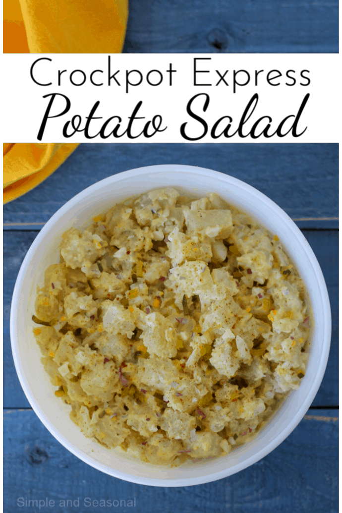 white bowl on blue background with label reading Crockpot Express Potato Salad