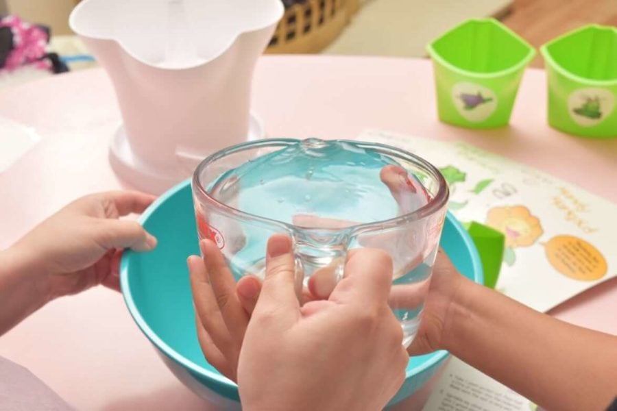hands pouring water into a bowl for planting seeds