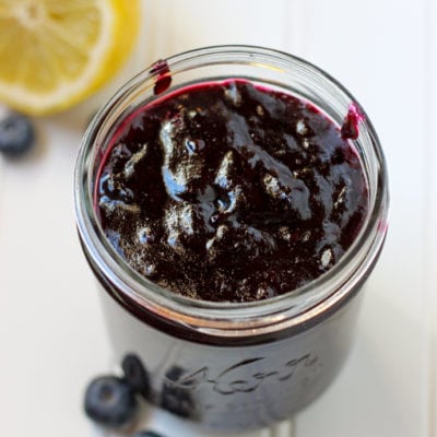 top down image of jar of Crockpot Express blueberry jam
