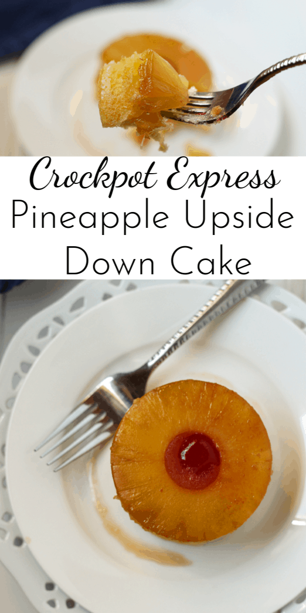 Crockpot Express Pineapple Upside Down Cake has all the flavors of the original but it's quicker and easier to make! (Especially when you start with a boxed cake mix.) via @nmburk