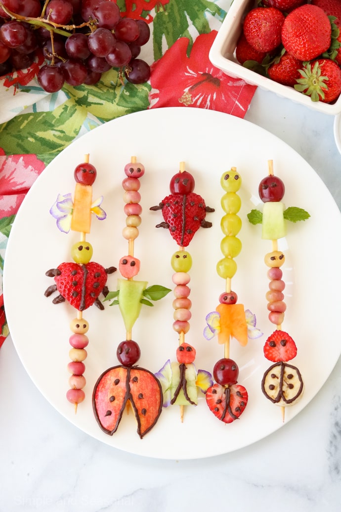 top down view of plate full of cute critter fruit kabobs