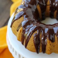 close up of chocolate ganache frosting on a round bundt cake