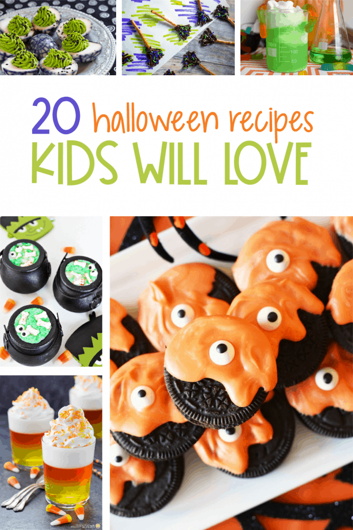 collage image of halloween treats; text overlay reads 20 Halloween Recipes Kids will Love