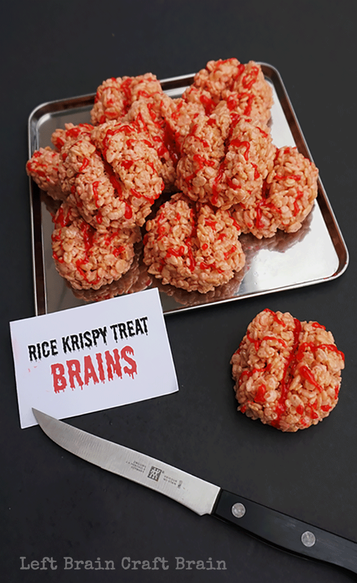 red rice krispies treats decorated to look like brains
