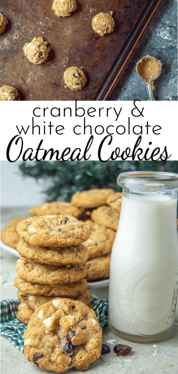 The combination of sweet white chocolate and tart cranberries makes these Cranberry White Chocolate Oatmeal Cookies the perfect treat! via @nmburk