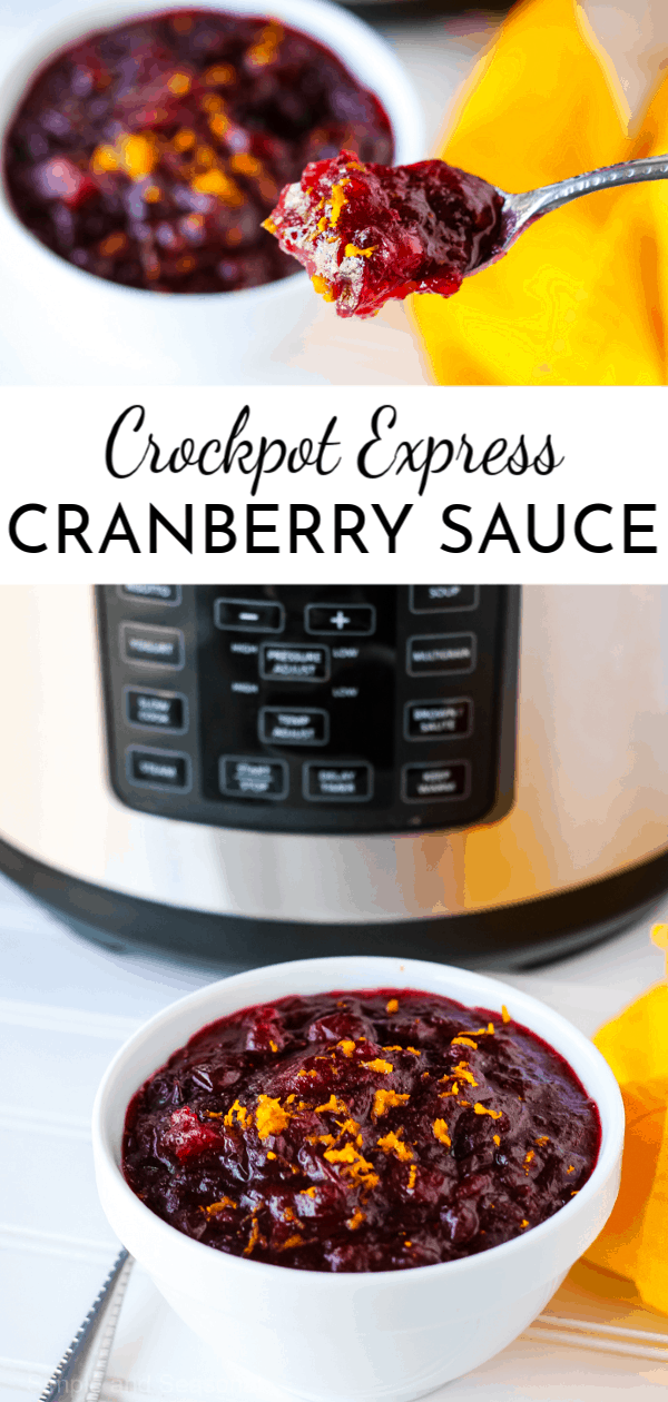 The perfect combination of tart and sweet, Crockpot Express Cranberry Sauce is an easy side dish for Thanksgiving or Christmas that's ready in minutes. #CrockpotExpress #PressureCookerRecipes #Thanksgiving  via @nmburk