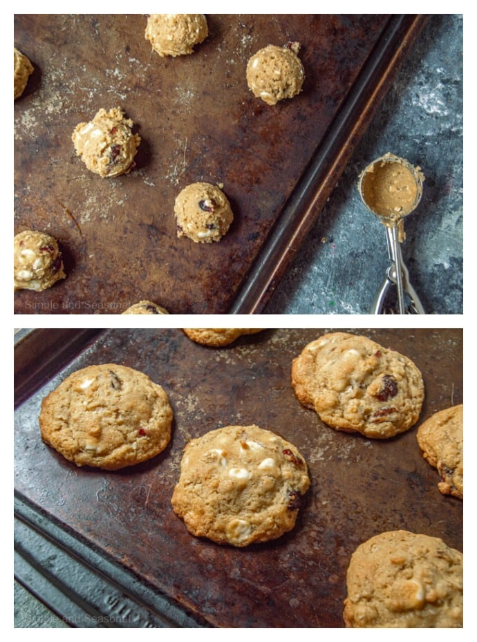 cookie dough on baking sheets and baked cookies