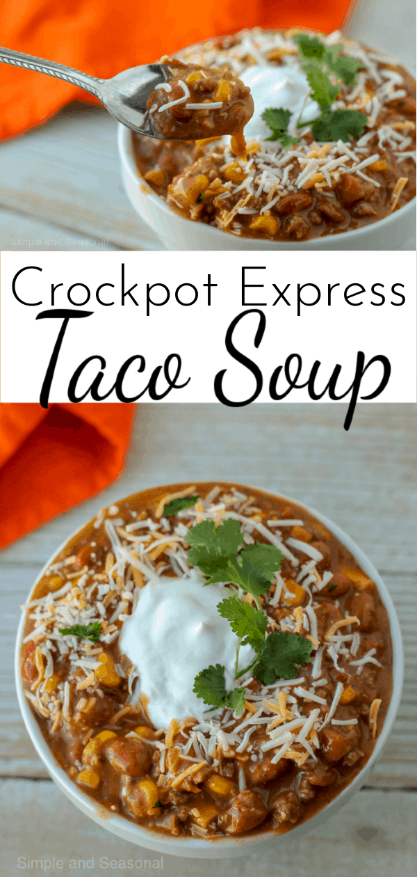 A quick and easy recipe that's perfect for freezing, Crockpot Express Taco Soup is sure to be a family favorite! via @nmburk