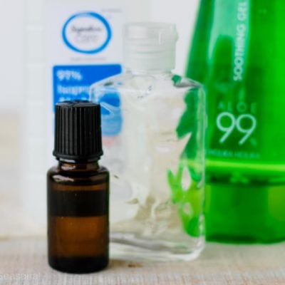 rubbing alcohol, aloe vera gel, essential oil and empty bottle for hand sanitizer