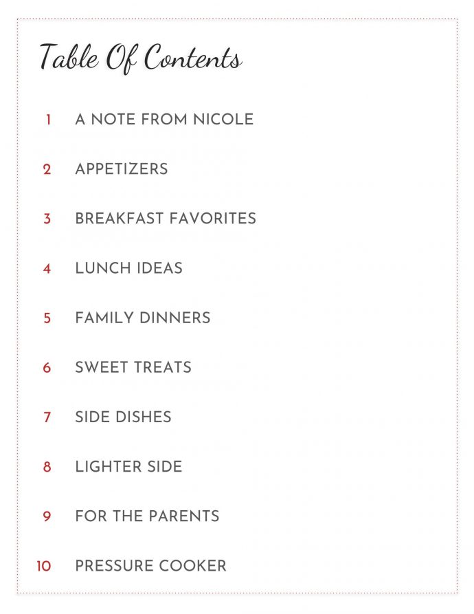 table of contents page for family cookbook