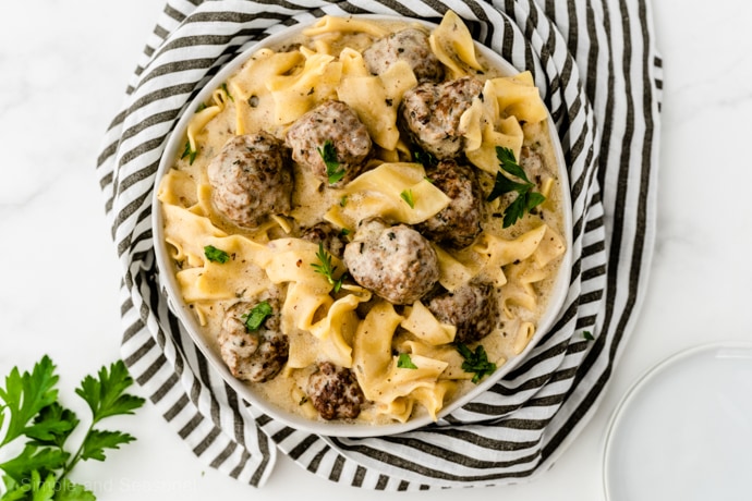 bowl of cooked Swedish Meatballs and noodles