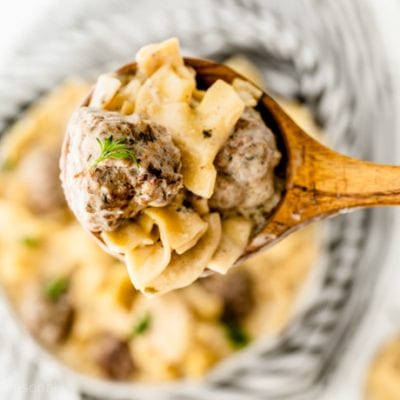 spoonful of meatballs and noodles with cream sauce