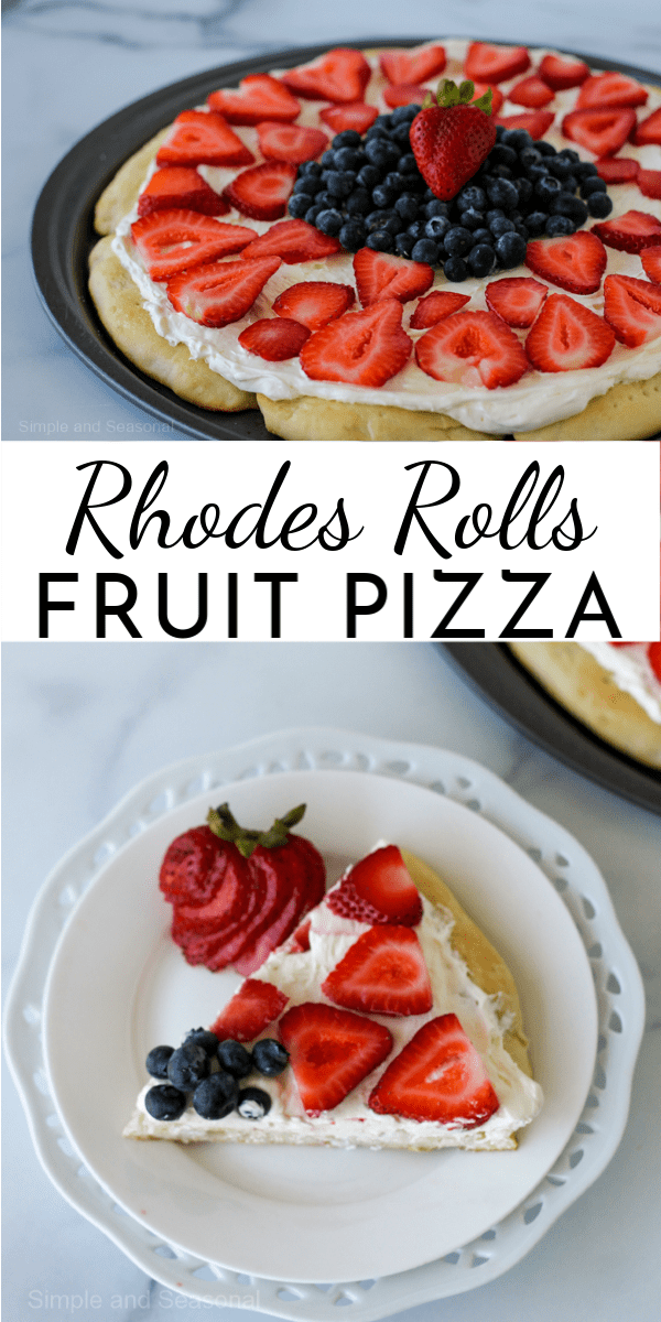 Rhodes Rolls Fruit Pizza is so easy to make (thanks to the frozen dough) and looks beautiful covered with seasonal fruit! via @nmburk