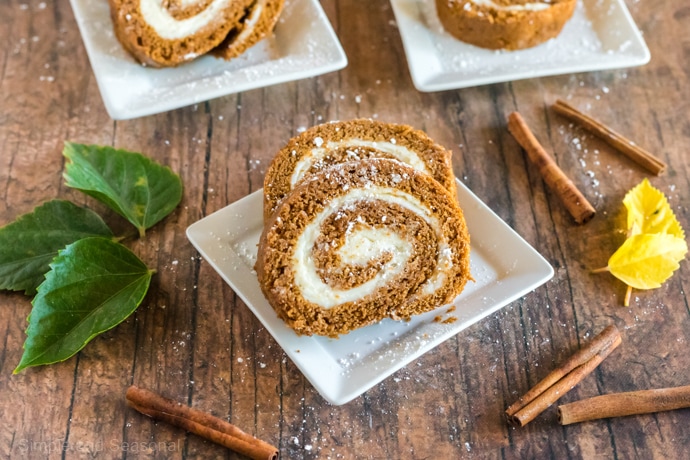 slices of pumpkin roll on a white plate