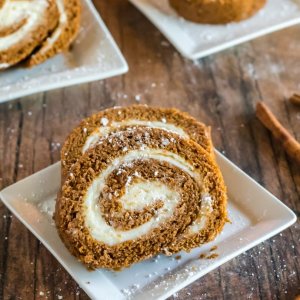 sliced pumpkin roll on serving plates