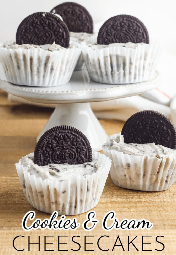 mini cheesecakes on a cake stand and table; text label reads Cookies & Cream Cheesecakes