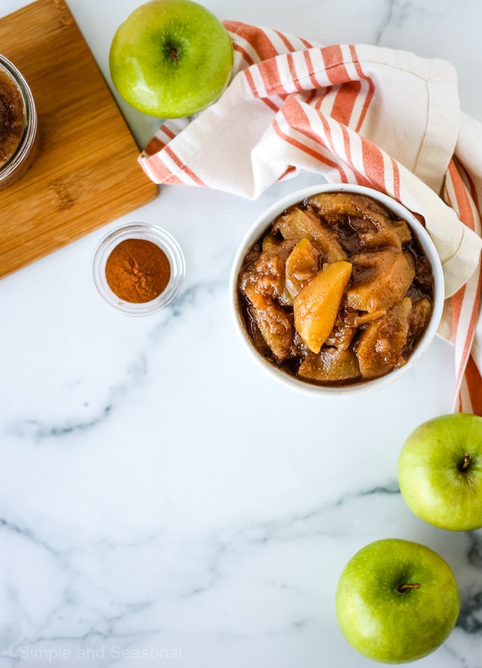 top down view of apple pie filling with ingredients