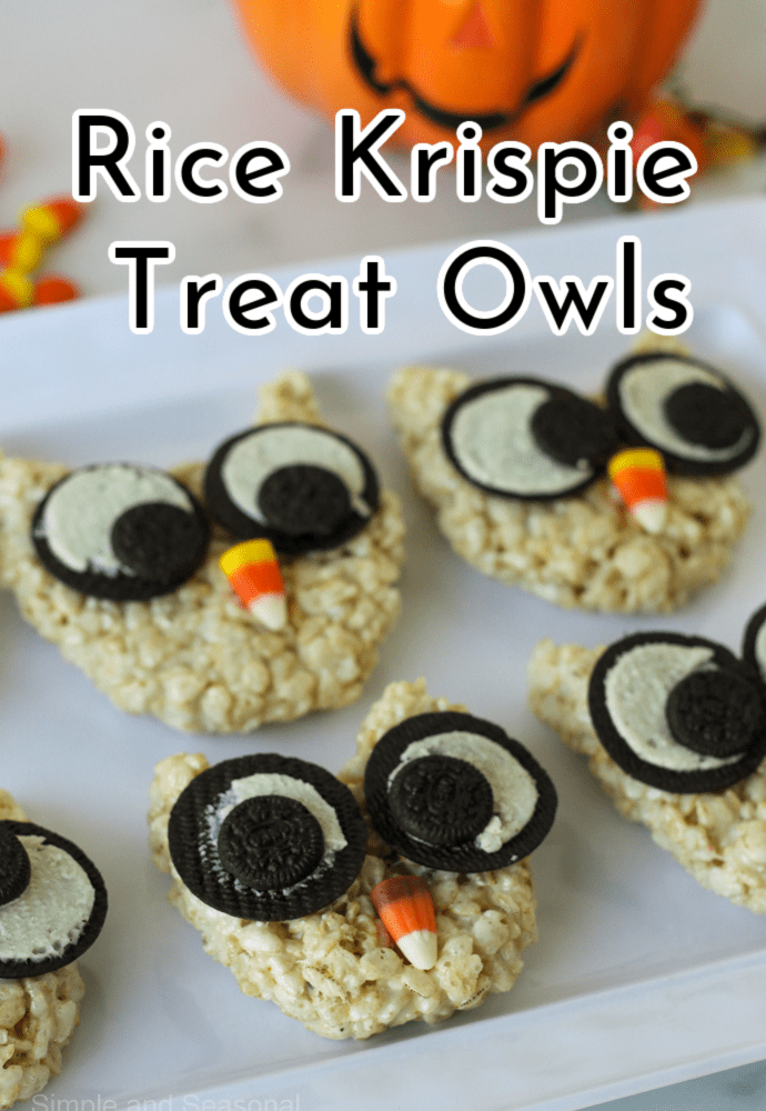 text label reads: rice krispie treat owls; owls on a platter with candy corn in the background