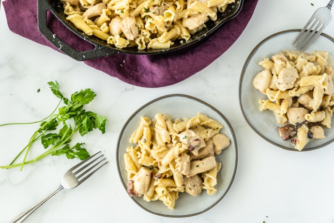 top down view of plates of pasta