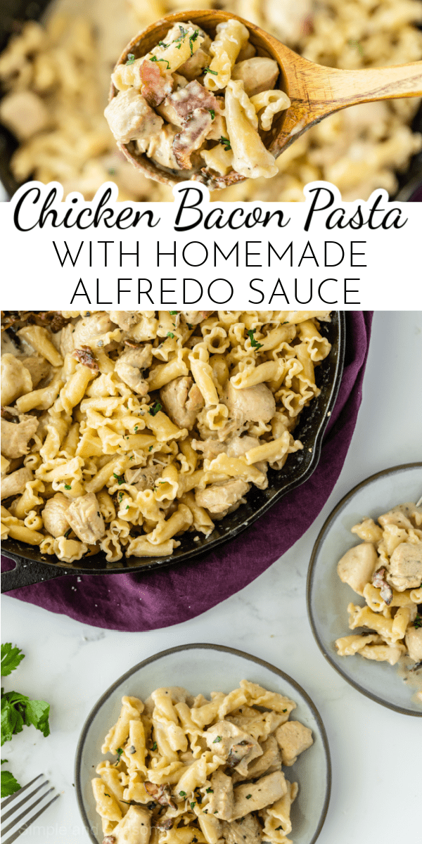 Chicken, bacon and a creamy homemade alfredo sauce make Chicken Bacon Pasta a family favorite! via @nmburk