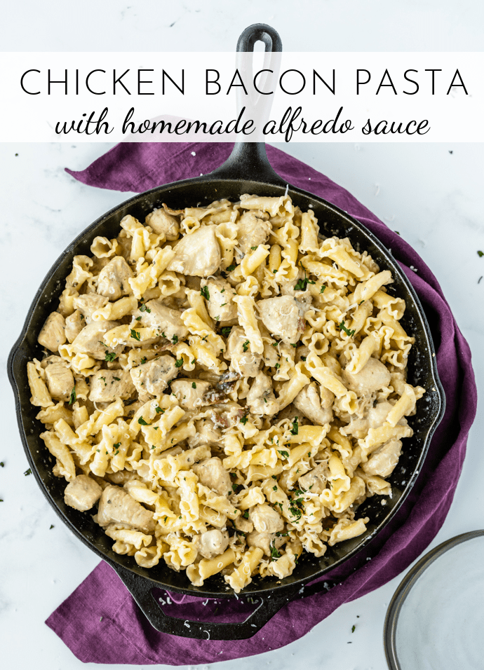 cast iron skillet with chicken bacon pasta and purple linen on table