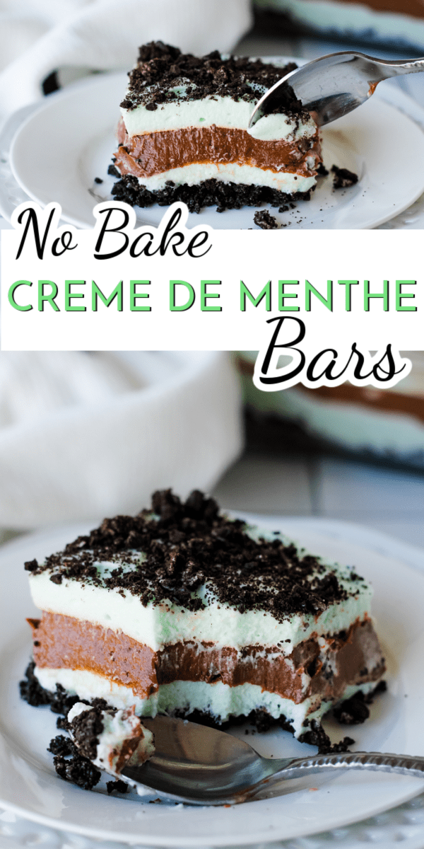 A creamy chocolate pudding layer is sandwiched between light and airy marshmallow mint layers to create these delicious Creme de Menthe Bars. via @nmburk