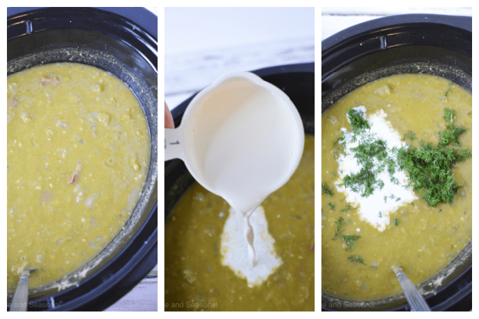 collage image of side by side photos showing cooked soup, pouring in the half and half and adding dill