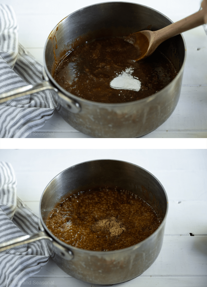 collage image showing baking soda being stirred into mixture and then mixture bubbling