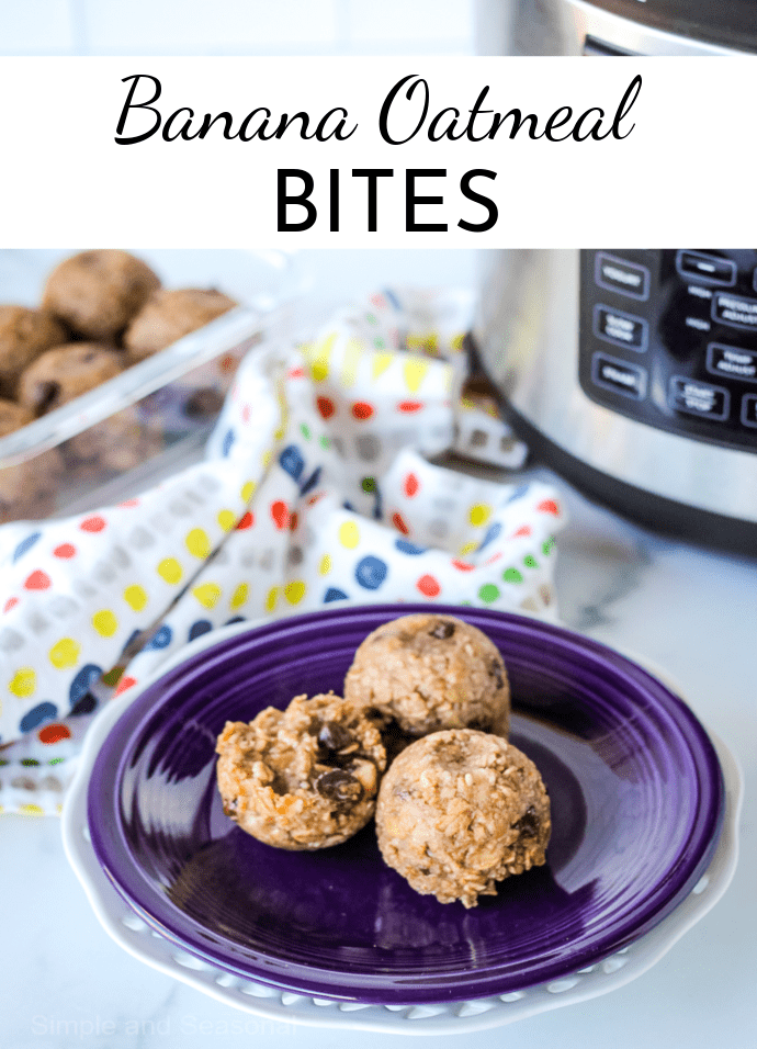 3 bites on a purple plate with pressure cooker in background 