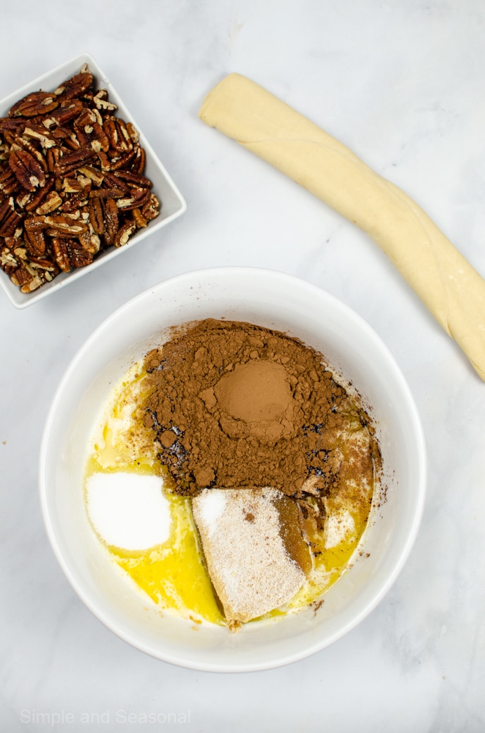 filling mixture in a bowl to be heated