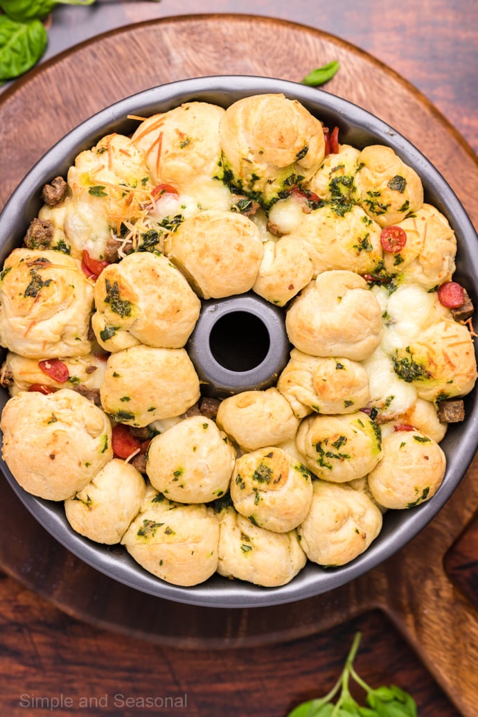 baked pizza monkey bread in the bundt pan