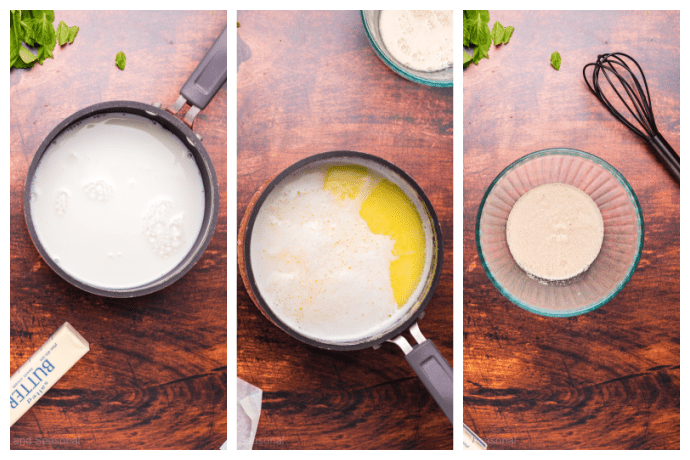 yeast proofing in a bowl and milk and butter mixing in a pot