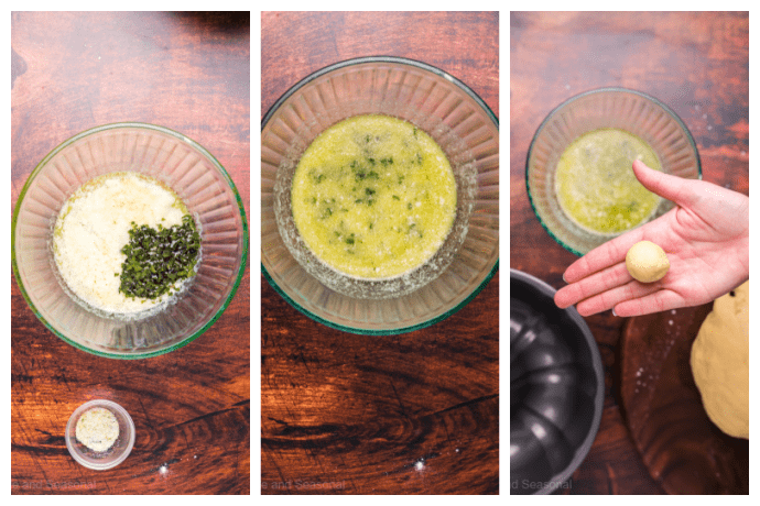 collage image showing steps to mix garlic butter sauce and melt in bowl