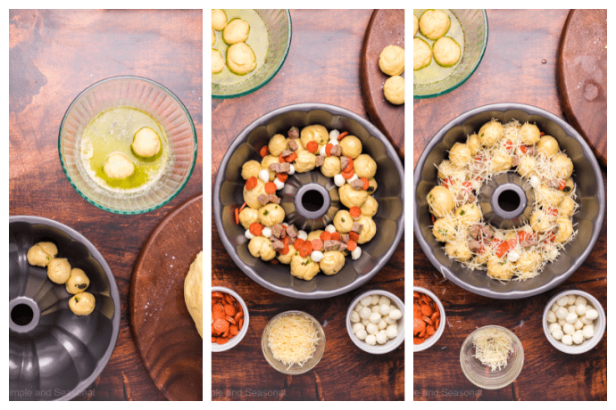 side by side collage image showing steps to roll dough in garlic butter, add pizza toppings and cover with cheese