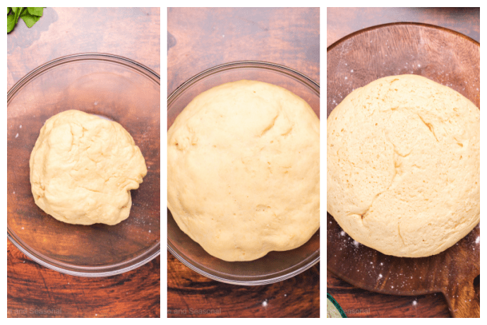 side by side images of bread in bowl, showing the rise of the dough
