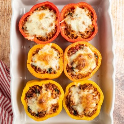 top down view of baked classic stuffed peppers