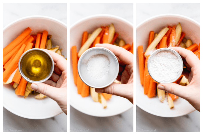 collage image showing oil, salt and then cornstarch added to the bowl of baked fries