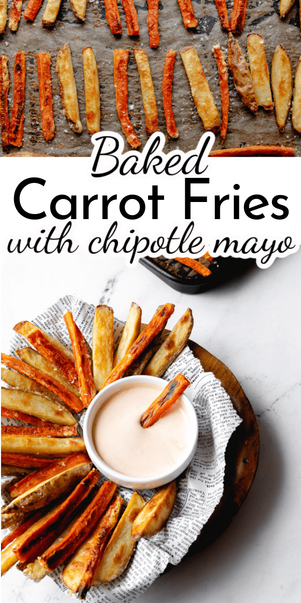 Crispy Baked Carrot Fries (along with traditional potato fries) are the perfect side dish to any meal! Serve them with a delicious chipotle mayo dipping sauce that keeps you coming back for more! via @nmburk