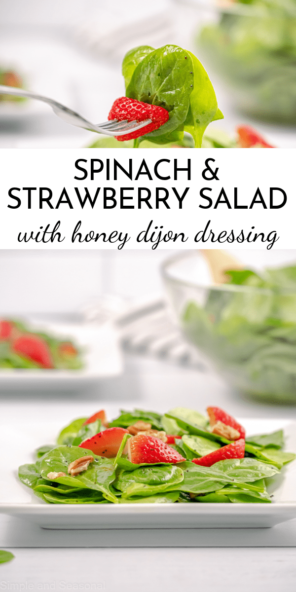 Spinach Strawberry Salad is the perfect side dish for spring and summer. It pairs perfectly with homemade honey Dijon dressing! via @nmburk
