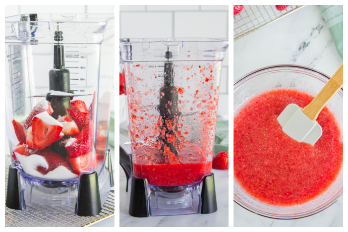 collage image showing strawberries and sugar in a blender, then pureed
