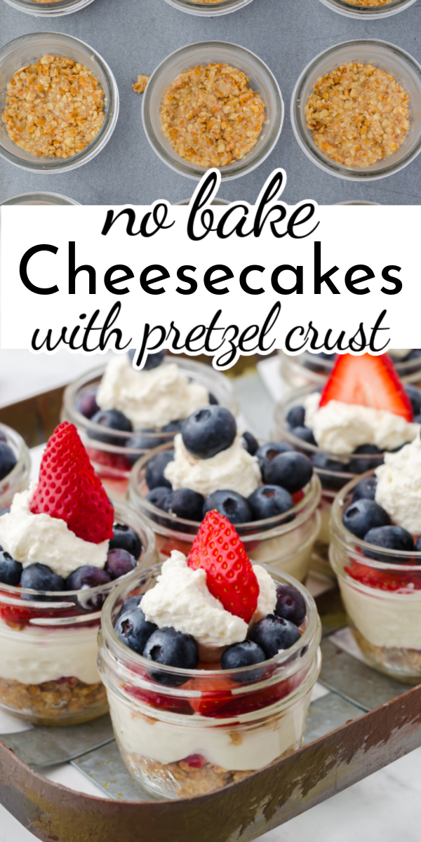 These easy no bake mini cheesecakes are a delightful little dessert for entertaining. The pretzel crust creates a perfect salty sweet combo! via @nmburk