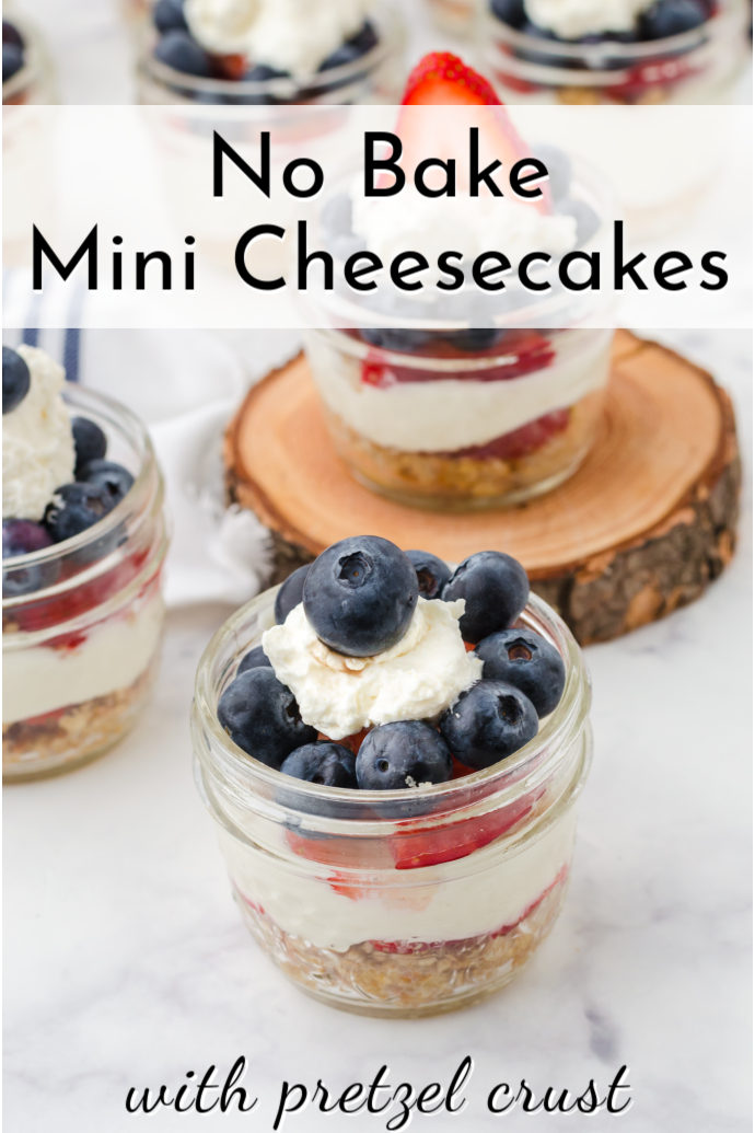 mini mason jar filled with cheesecake and fruit; text label reads: No Bake Mini Cheesecakes with Pretzel Crust