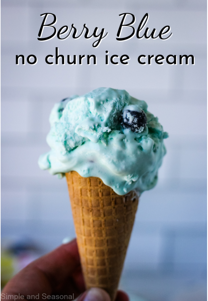 blue ice cream cone; text label reads Berry Blue no churn ice cream