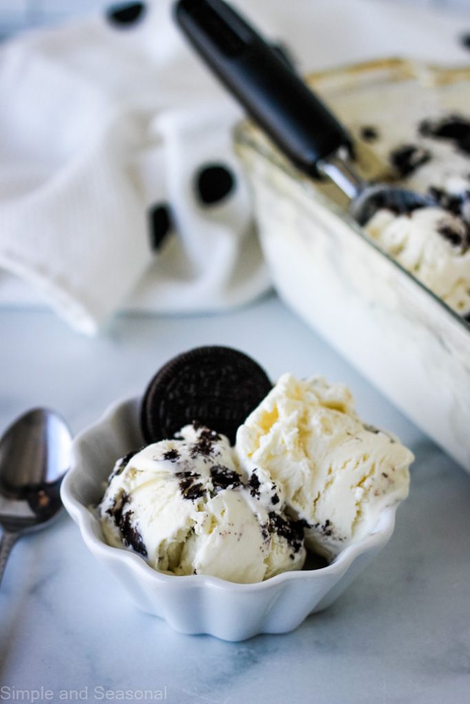 small bowl of ice cream with Oreo cookie