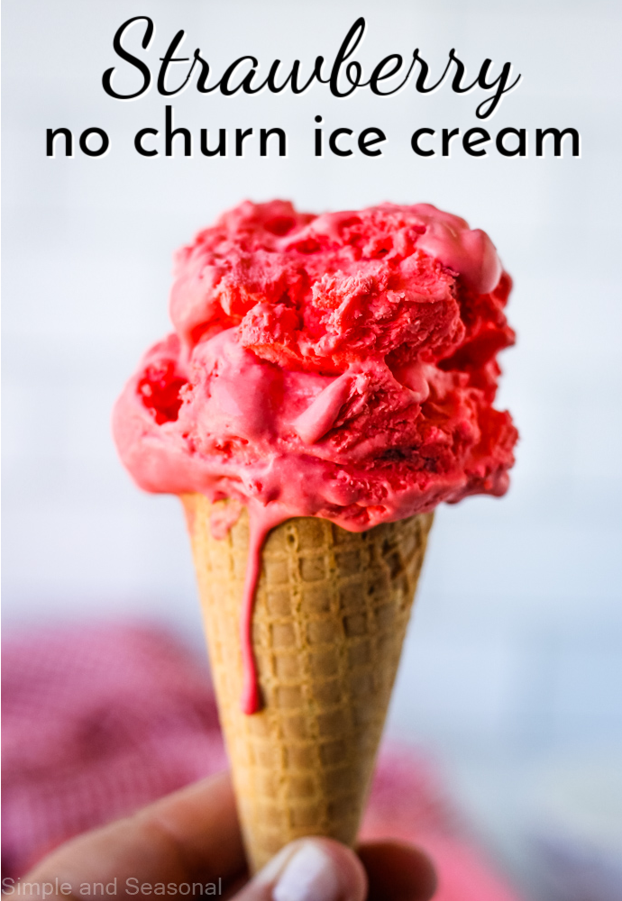 bright pink ice cream cone; text label reads strawberry no churn ice cream