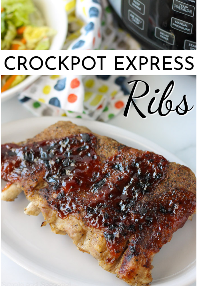 half rack of baby back ribs on a white plate; text label reads: crockpot express ribs