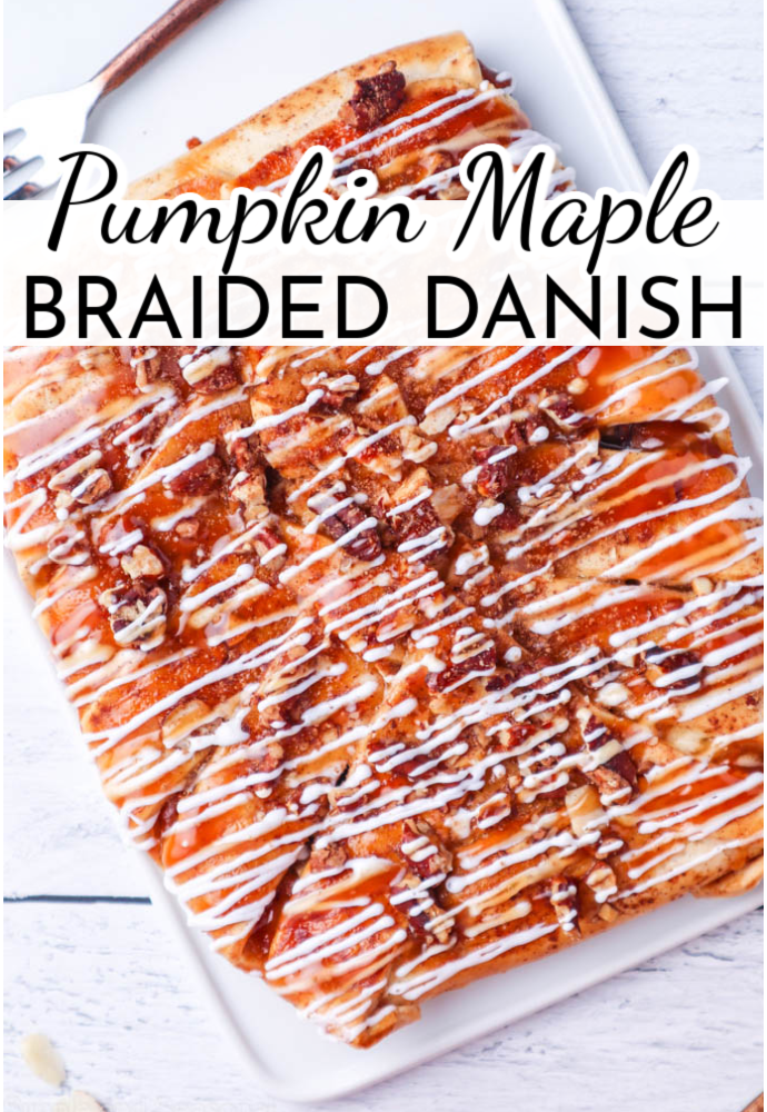 top down view of braided danish with cream cheese glaze; text label reads: Pumpkin Maple Braided Danish