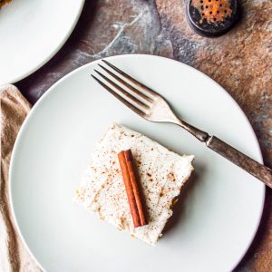 top down view of a slice of pumpkin sheet cake
