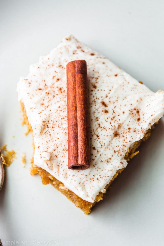 top down view of a slice of pumpkin sheet cake
