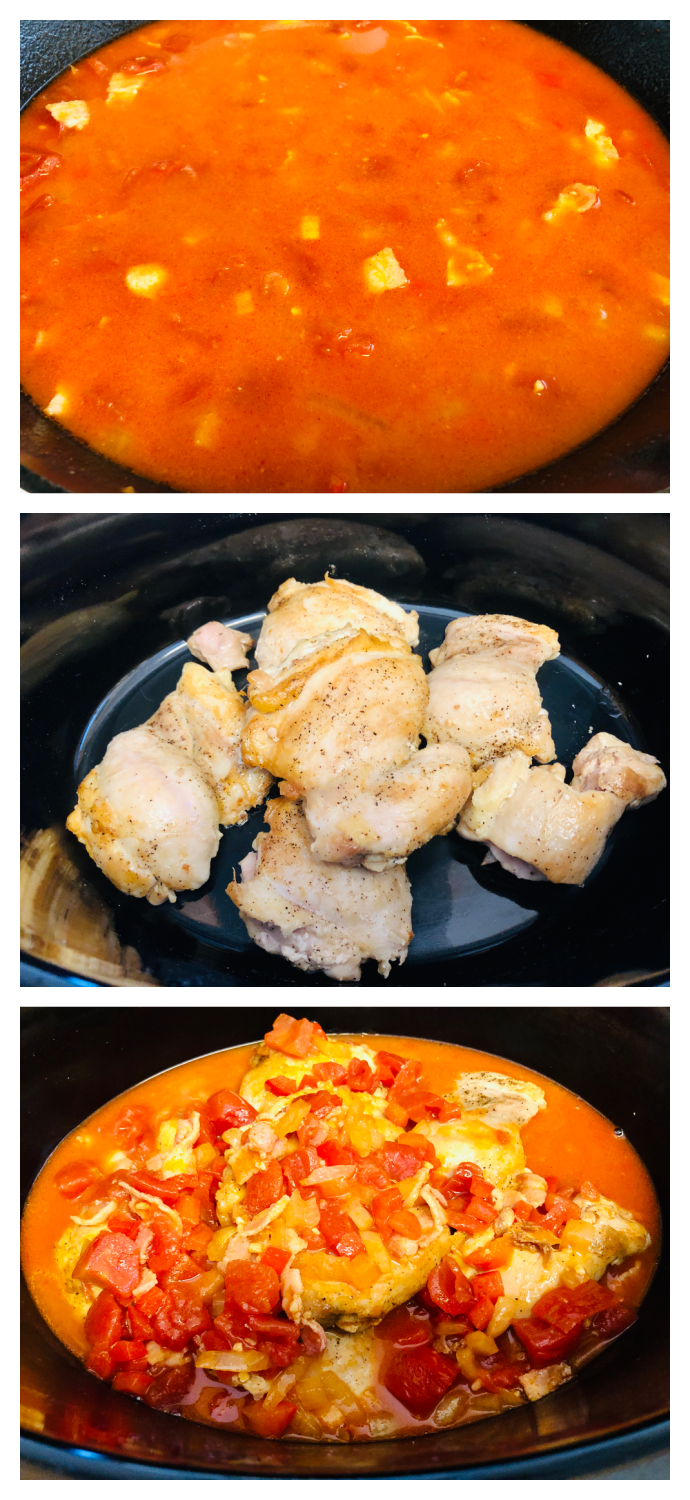 sauce and chicken being combined in the slow cooker